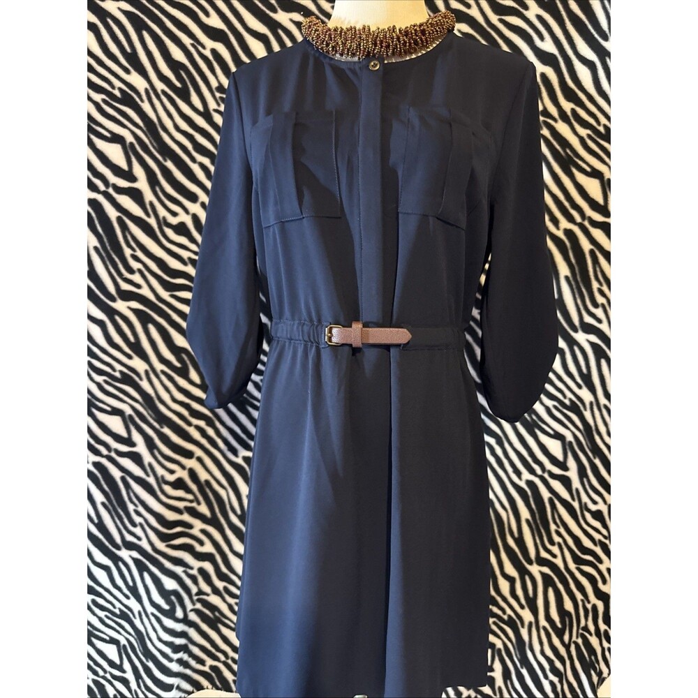 Skies Are Blue Belted Olive Shirt Dress Size MP Rolled Sleeves Workwear